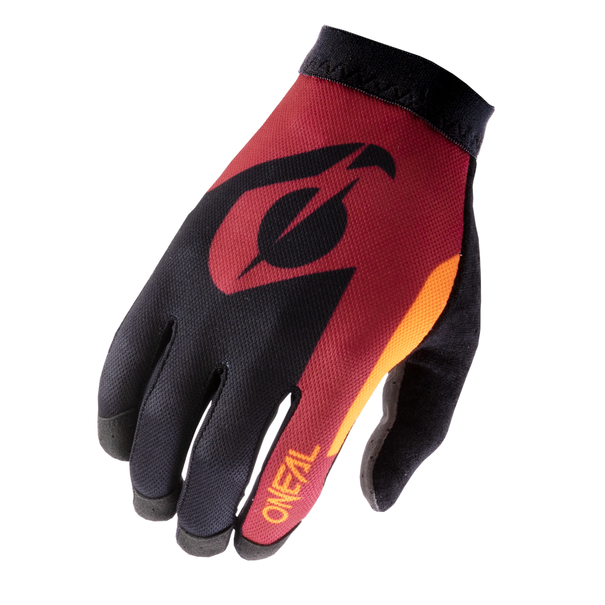 Der O'NEAL AMX Nanofront Handschuh ALTITUDE ist ein schwarz-rot-oranger Mountainbike-Handschuh mit auffälligen Grafiken, die von DH-Weltmeister Greg Minnaar inspiriert sind.