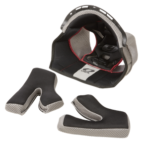 Die O'NEAL Liner & Cheek Pads BACKFLIP Helmkomponenten werden zerlegt gezeigt. Das Innenfutter ist in Schwarz und Grau mit roten Akzenten gestaltet und mit dem O'NEAL-Logo geprägt. Die farblich passenden Wangenpolster sind auf Komfort ausgelegt und passen nahtlos in den Helm.
