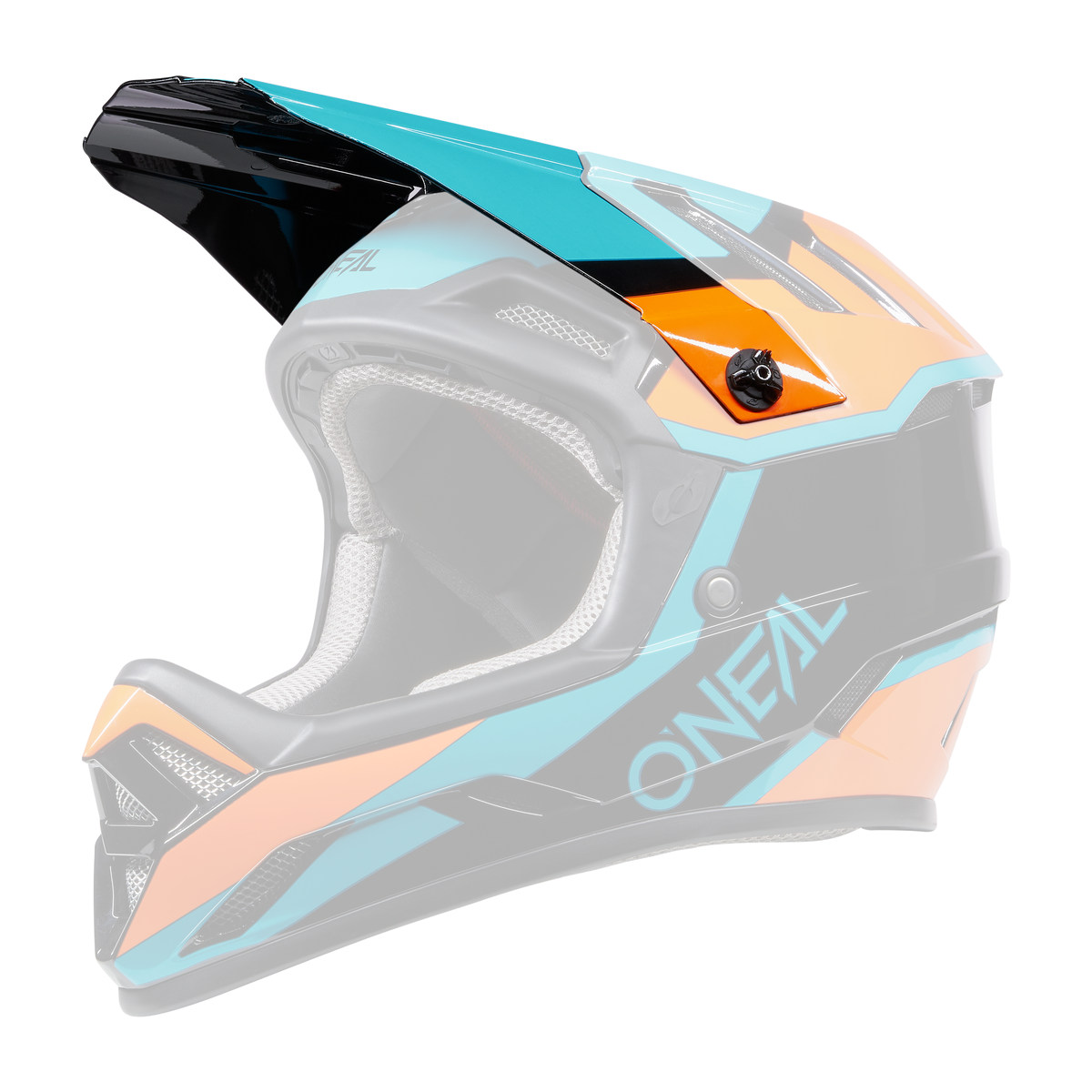 Der O'NEAL Visor BACKFLIP Helmet STRIKE ist ein lebendiger Integralhelm für Motorradfahrer mit einem markanten Design mit blaugrünen, schwarzen, orangefarbenen und weißen Akzenten. Er trägt den Markennamen „O'NEAL“ auf der Seite, einen verstärkten Kinnbügel, ein Visier und zahlreiche Belüftungsöffnungen für Sicherheit und Komfort.