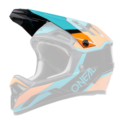 Der O'NEAL Visor BACKFLIP Helmet STRIKE ist ein lebendiger Integralhelm für Motorradfahrer mit einem markanten Design mit blaugrünen, schwarzen, orangefarbenen und weißen Akzenten. Er trägt den Markennamen „O'NEAL“ auf der Seite, einen verstärkten Kinnbügel, ein Visier und zahlreiche Belüftungsöffnungen für Sicherheit und Komfort.