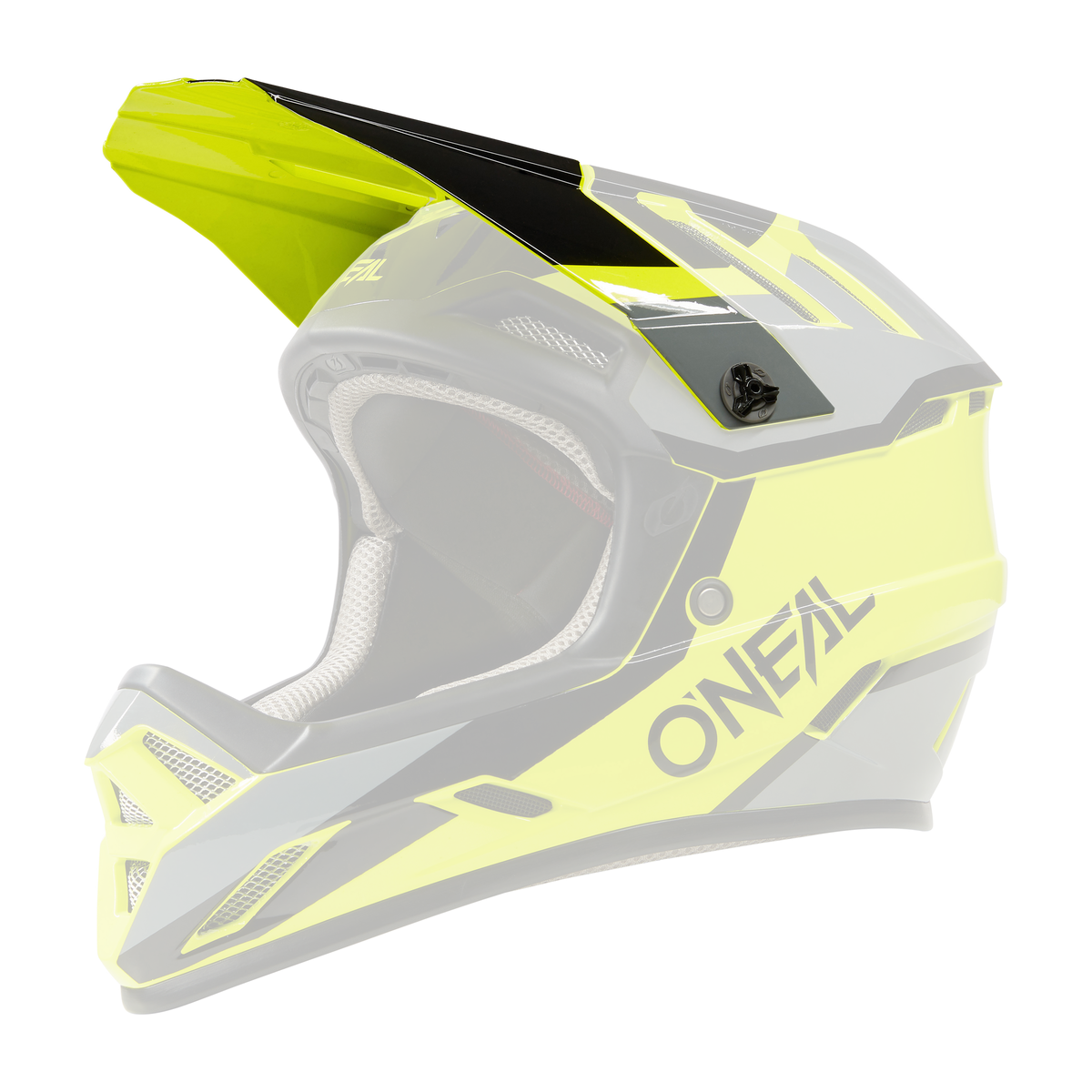 Ein O'NEAL Visor BACKFLIP Helm STRIKE in leuchtendem Gelb und Schwarz ist auf schwarzem Hintergrund abgebildet. Dieser O'Neal Integral-Motocrosshelm verfügt über elegante aerodynamische Designelemente, ein markantes Visier und eine Schutzpolsterung im Inneren, die sowohl Sicherheit als auch Stil betont.