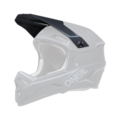 Ein O'NEAL Visor BACKFLIP Helm SOLID in Schwarz und Dunkelgrau ist im Seitenprofil abgebildet. Der Helm verfügt über eckige Designs, Belüftungsöffnungen für die Luftzirkulation und ein gepolstertes Innenfutter für mehr Komfort. Der Markenname „O'Neal“ ist deutlich auf der Unterseite zu sehen.
