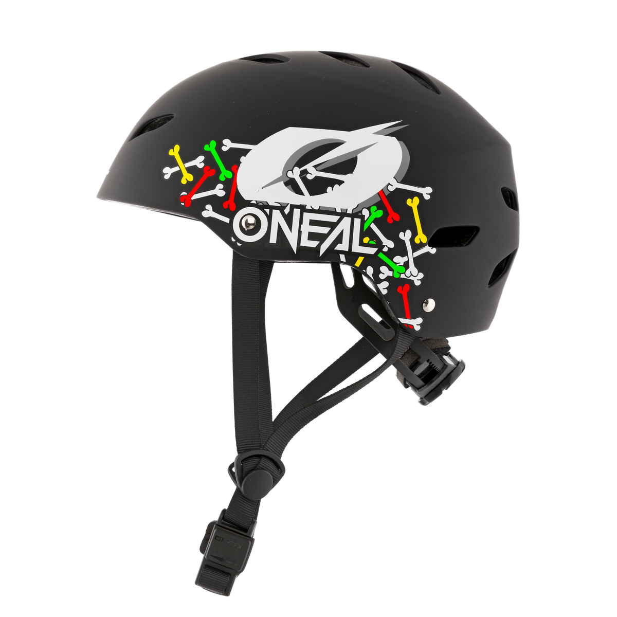 Der O'NEAL DIRT LID Helm Kinder SKULLS ist ein schwarzer Helm von O'NEAL mit leuchtenden Knochengrafiken in Rot, Grün und Gelb. Er verfügt über mehrere Belüftungslöcher und einen verstellbaren Riemen darunter. Das O'Neal-Logo der innovativen Actionsport Gear ist seitlich prominent in Weiß angebracht.