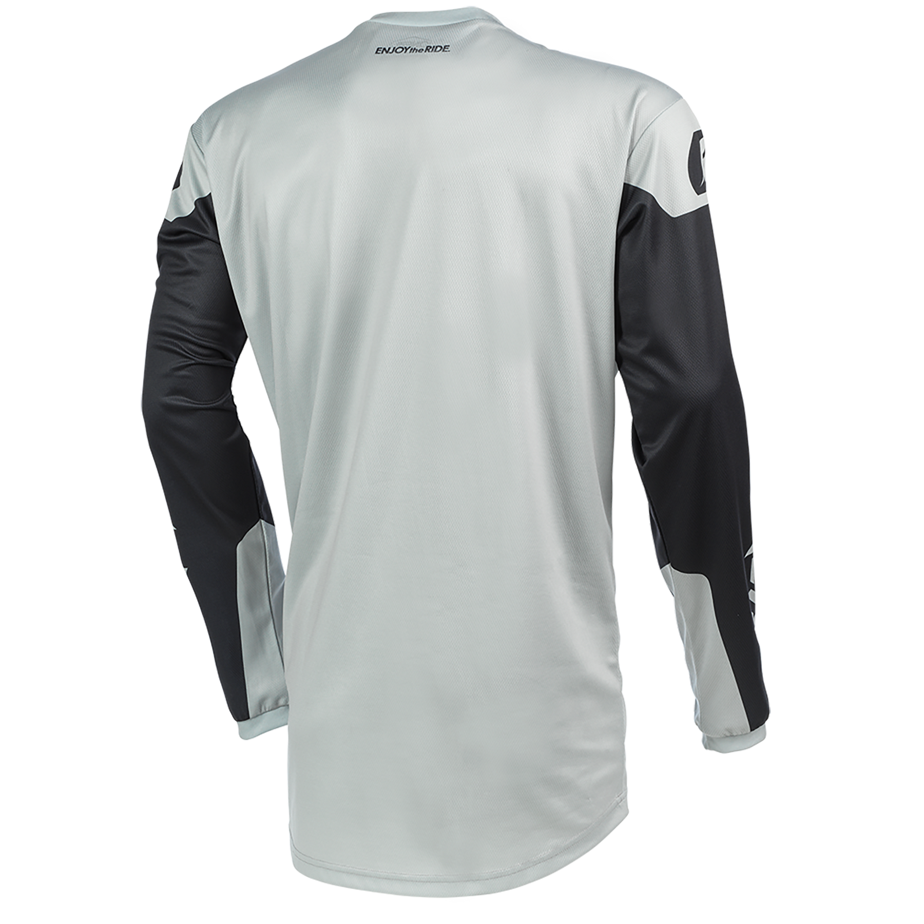 Das O'NEAL ELEMENT Jersey THREAT ist ein langärmeliges Trikot mit hellgrauem Körper, schwarzen Ärmeln mit hellgrauen Akzenten und kleinem oberen Rückentext für einen perfekten Sitz auf dem Rücken.