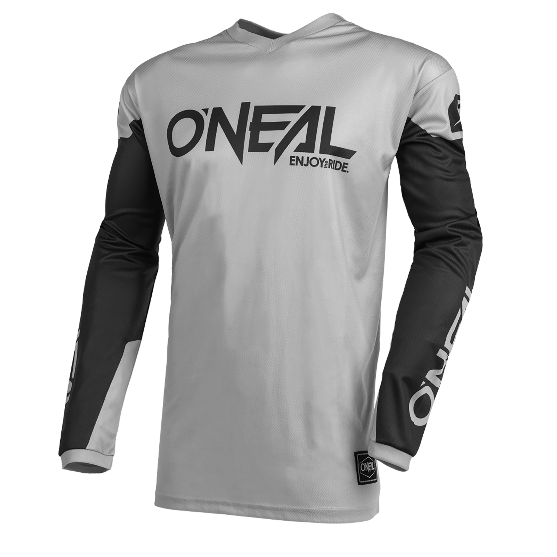 Das O'NEAL ELEMENT Jersey THREAT von O'NEAL hat ein weißes Oberteil, schwarze Ärmel, einen fetten "O'NEAL"-Schriftzug, "ENJOY RIDE", ein vertikales Ärmel-Branding, eine perfekte Passform und atmungsaktives Material - ideal für Motocross.