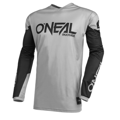 Le maillot ELEMENT THREAT de O'NEAL a un haut blanc, des manches noires, une grosse inscription "O'NEAL", "ENJOY RIDE", une marque verticale sur les manches, une coupe parfaite et un tissu respirant - idéal pour le motocross.