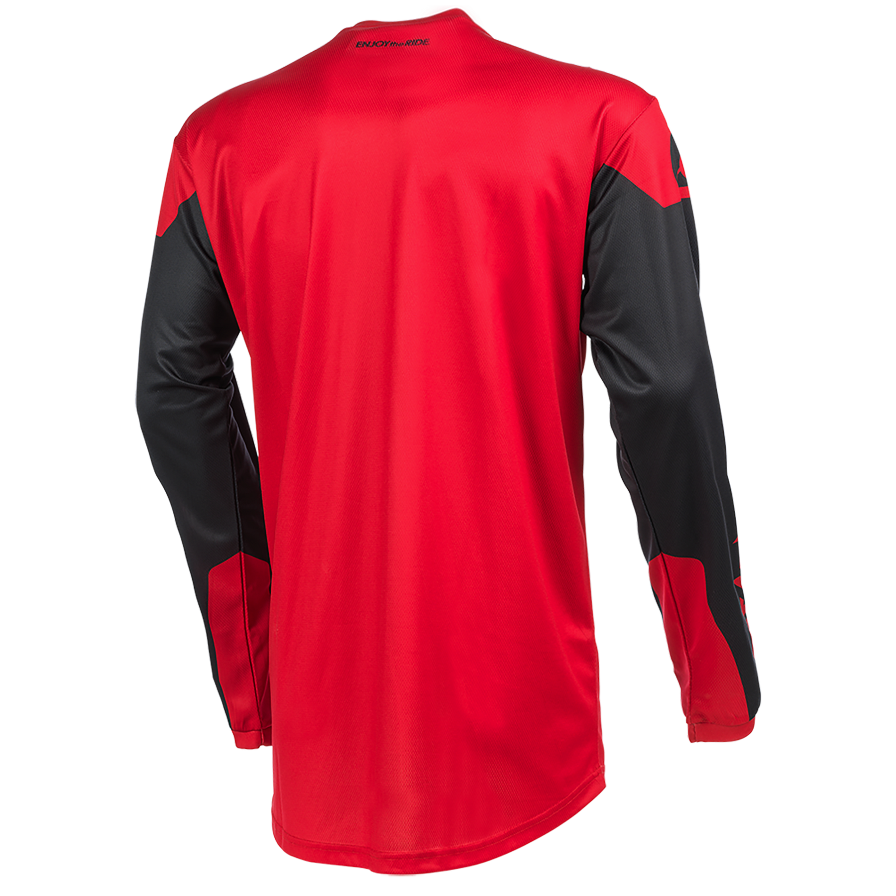 Das O'NEAL ELEMENT Jersey THREAT hat einen roten Körper mit schwarzen Akzenten an den Schultern, Oberarmen und Unterarmen. Hergestellt aus atmungsaktivem Material, bietet es perfekten Sitz und Komfort für jede Aktivität. Abgebildet von hinten.
