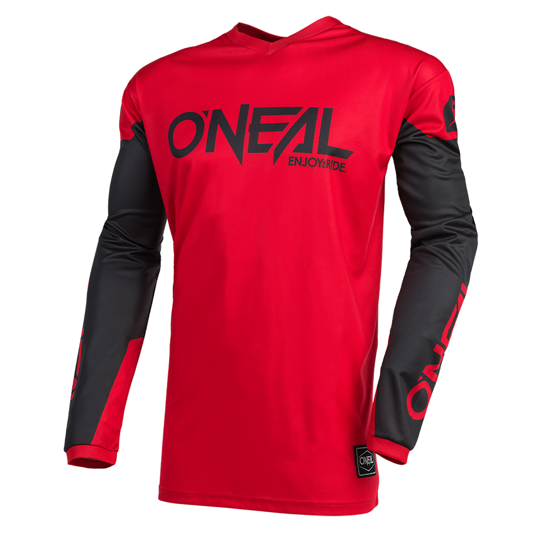 Das O'NEAL ELEMENT Jersey THREAT ist ein langärmeliges, leuchtend rotes Trikot mit schwarzen Ärmeln, "O'NEAL ENJOYRIDE"-Schriftzug auf Brust und Unterarm, aus atmungsaktivem Material für perfekten Sitz.