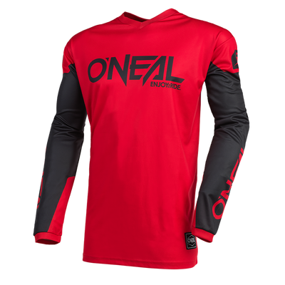 Das O'NEAL ELEMENT Jersey THREAT ist ein langärmeliges, leuchtend rotes Trikot mit schwarzen Ärmeln, "O'NEAL ENJOYRIDE"-Schriftzug auf Brust und Unterarm, aus atmungsaktivem Material für perfekten Sitz.