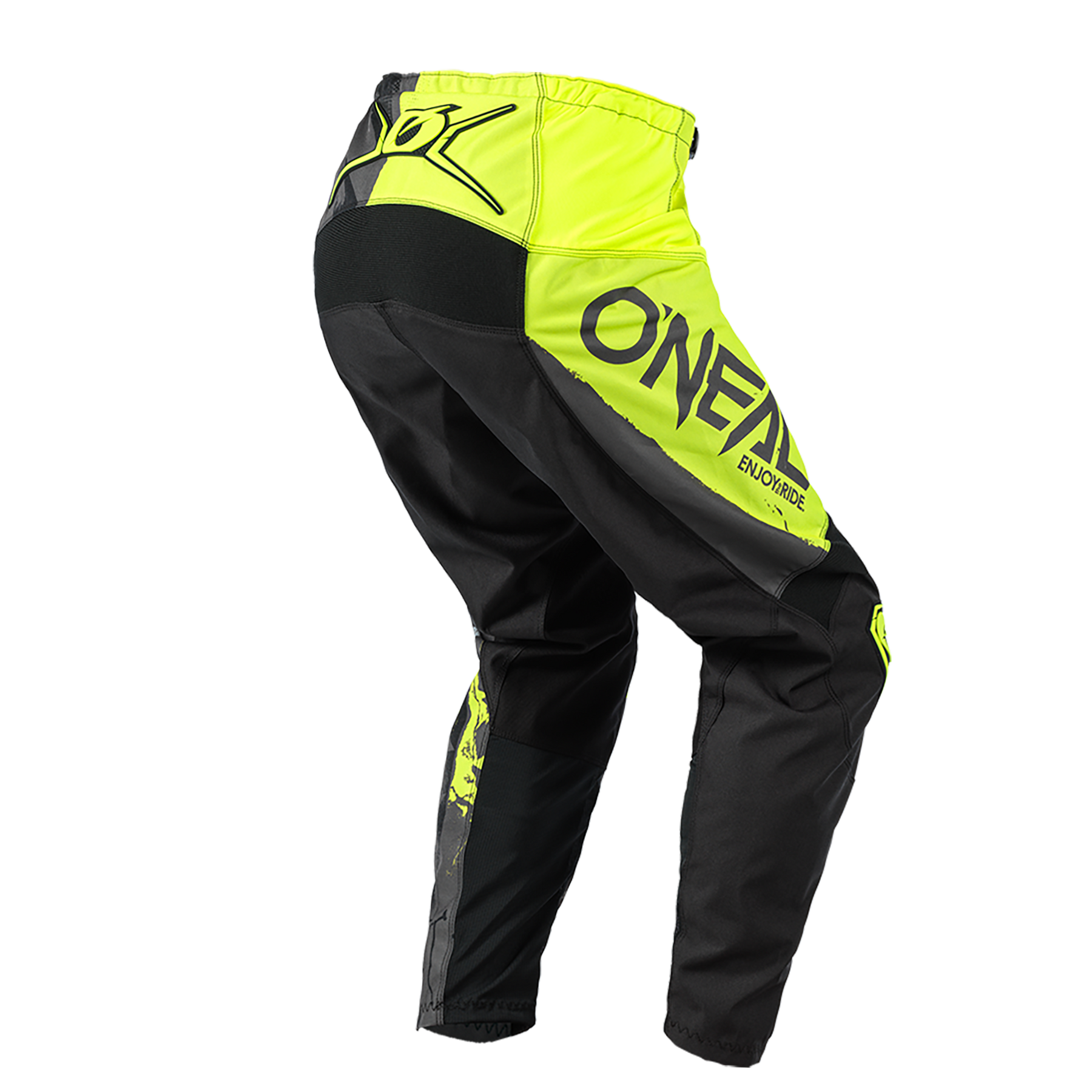 Die O'NEAL ELEMENT Hose RIDE in gelb und schwarz mit "Oneal"-Branding an der Seite, von hinten und leicht seitlich gezeigt. Ideal für Motorsportfans, bietet diese Hose Komfort und Schutz bei jeder Fahrt.
