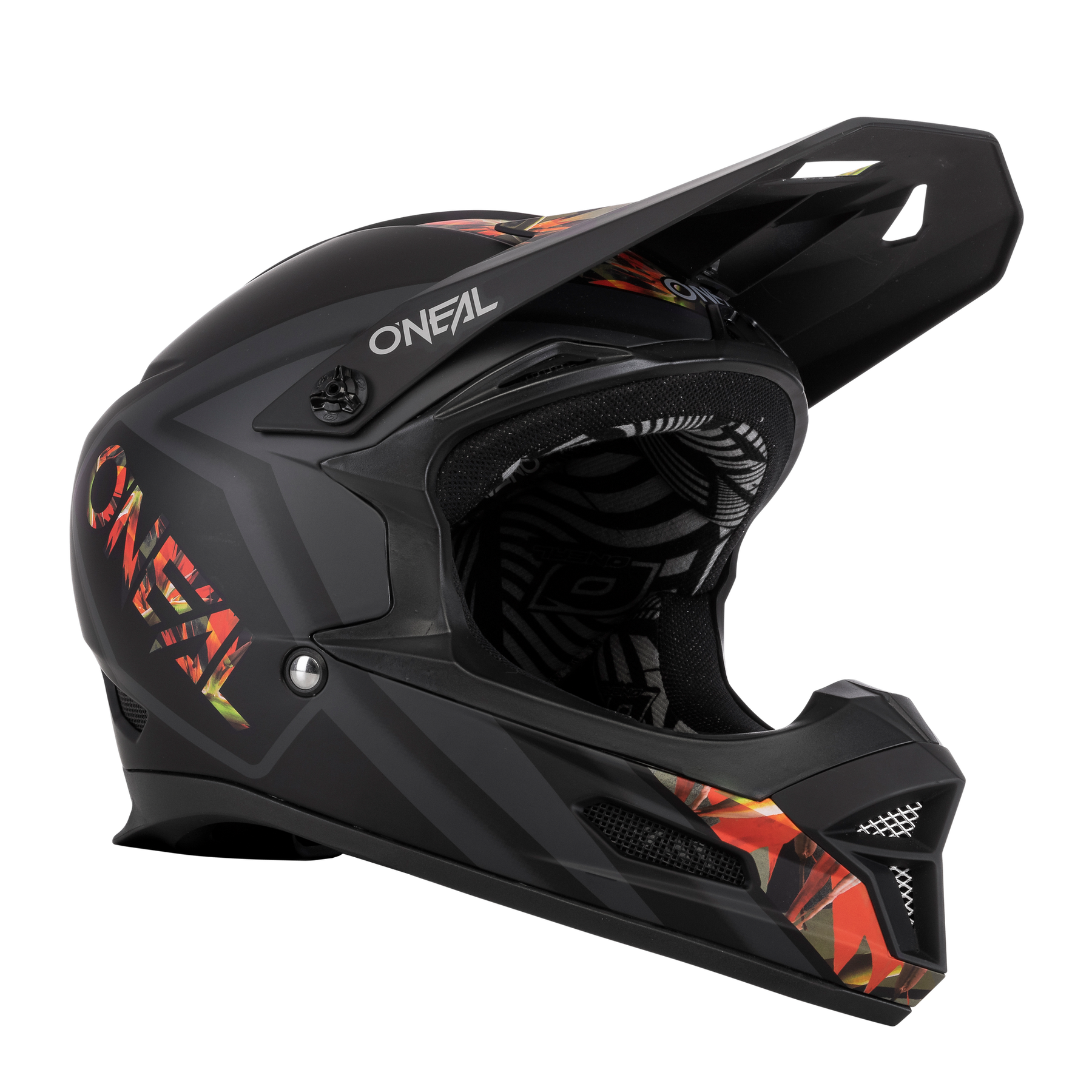 Erlebe den markanten O'NEAL FURY Helm MAHALO, einen schwarz-roten Motorradhelm der renommierten Marke O'NEAL. Dieser Helm besticht durch ein lebendiges, abstraktes Design, das an den innovativen FURY ABS Mountainbike Helm erinnert. Er verfügt über ein mehrschichtiges Grafikmuster und weist eine robuste, aerodynamische Form mit einem ausgeprägten Visier auf. Für maximalen Komfort ist sein Innenraum mit Komfort-Polstern in Schwarz und Grau ausgestattet.