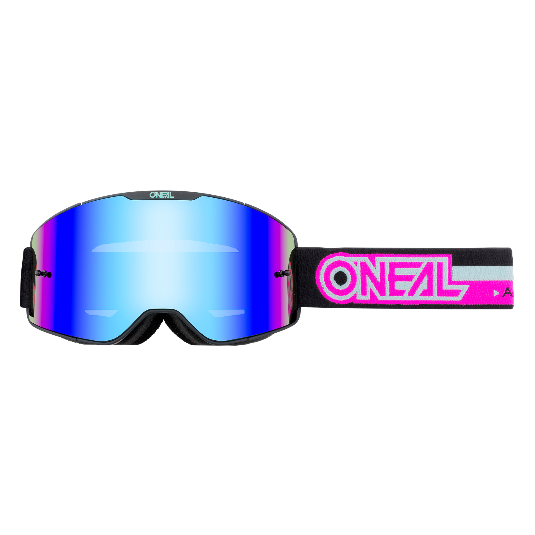 Die O'NEAL B-20 Brille PROXY Motocross-Brille hat eine verspiegelte blaue Scheibe und ein schwarzes Band mit dem O'NEAL-Logo in leuchtendem Pink und Weiß. Genießen Sie ein weites Sichtfeld und ein modernes, sportliches Design.