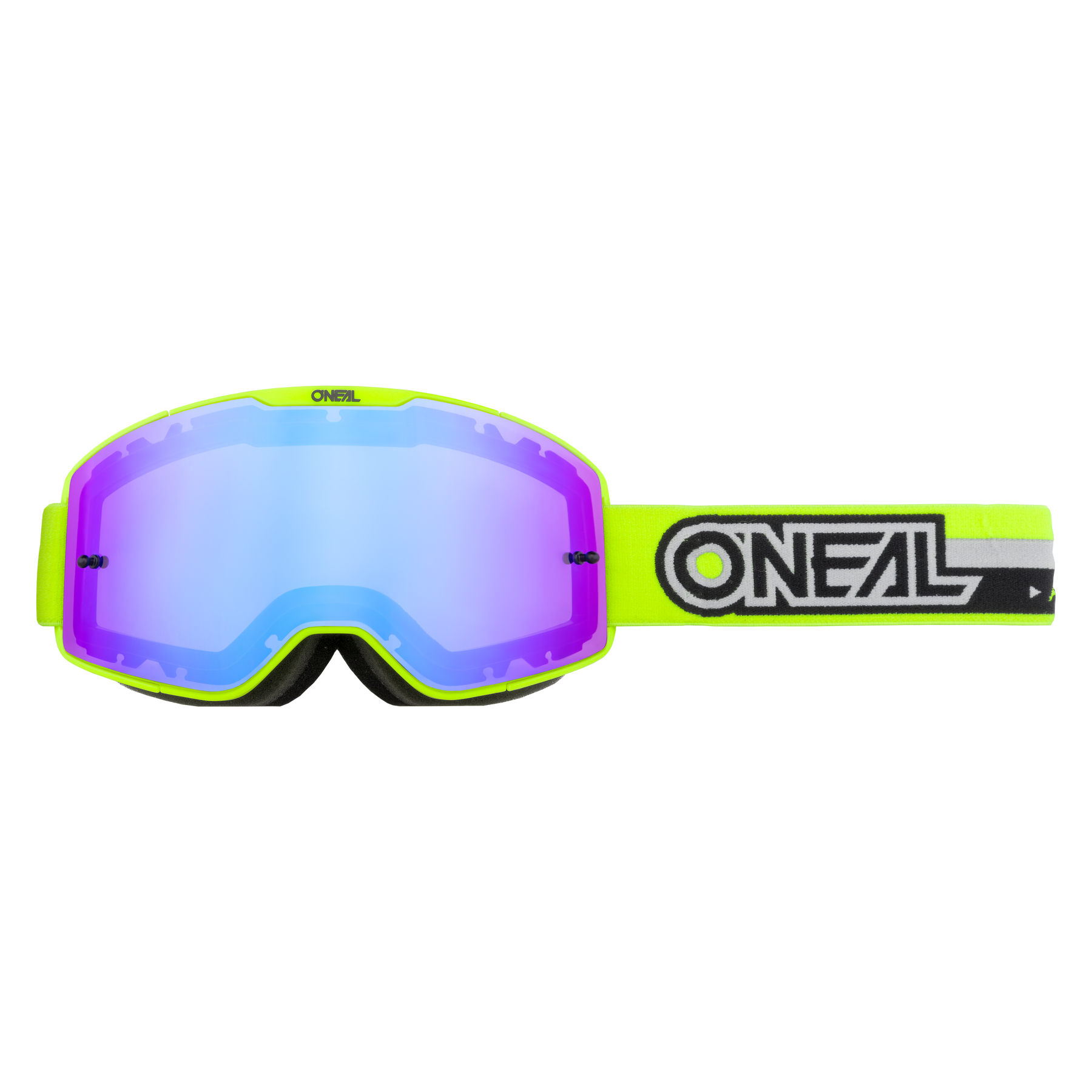 Die O'NEAL B-20 Brille PROXY in Neongelb verfügt über ein reflektierendes blaues Glas und ein schwarzes Band mit weißem und gelbem O'NEAL-Logo und bietet ein hervorragendes Sichtfeld für Motocross-Fans.