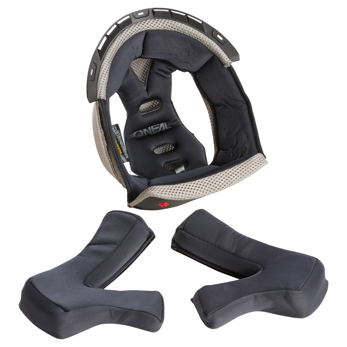 Der O'NEAL Liner & Cheek Pads 1SRS Helm in stilvollem schwarz-grauem Design wird präsentiert. Zum Helm gehören zwei abnehmbare, gepolsterte Wangenpolster für mehr Komfort und Schutz. Die Innenseite des Helms besteht aus atmungsaktivem Stoff und aufwendigen Nähten für ein hervorragendes Tragegefühl.