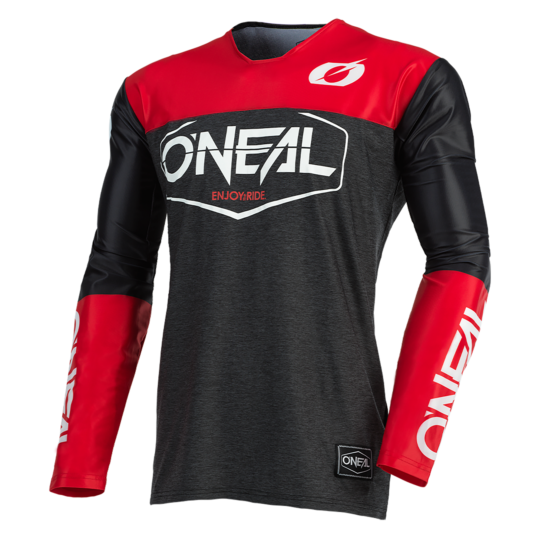 Das O'NEAL MAYHEM Jersey HEXX ist ein leistungsstarkes, langärmeliges Motocross-Top mit einem dunkelgrauen Körper, schwarzen Schultern und roten Ärmeln. Das weiße O'NEAL-Logo prangt auf der Brust und den Unterarmen.