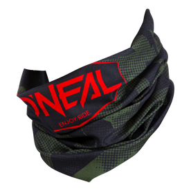 The O'NEAL COVERT neck warmer is a green and black camouflage neck warmer with red "O'NEAL" and "ENJOY RIDE" lettering - ideal for motocross or mountain bike adventures.