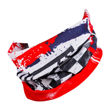 Eine multifunktionale Kopfbedeckung aus Stoff mit einem auffälligen, abstrakten Design mit Spritzern in Rot, Schwarz und Weiß. Der vielseitige O'NEAL Nackenwärmer USA ist für das Foto in einer locker gedrehten Form angeordnet, wodurch seine farbenfrohen, dynamischen Muster und das leichte Material hervorgehoben werden, das perfekt für Mountainbike-Abenteuer ist.