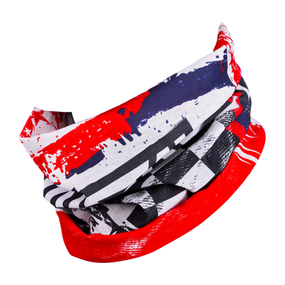 Eine multifunktionale Kopfbedeckung aus Stoff mit einem auffälligen, abstrakten Design mit Spritzern in Rot, Schwarz und Weiß. Der vielseitige O'NEAL Nackenwärmer USA ist für das Foto in einer locker gedrehten Form angeordnet, wodurch seine farbenfrohen, dynamischen Muster und das leichte Material hervorgehoben werden, das perfekt für Mountainbike-Abenteuer ist.