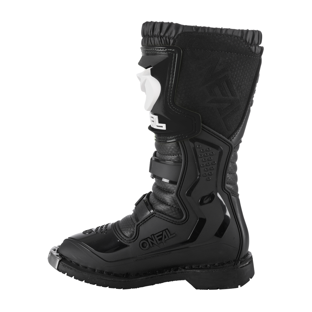 Der O'NEAL RIDER PRO Stiefel Kinder ist ein schwarzer Motocross-Stiefel mit verstärktem Schutz, einer dicken Sohle, mehreren verstellbaren Riemen und einem hohen Knöchelschutz. Er verfügt über weiße Akzente und den Markennamen „O'NEAL“, der an der Seite und oben deutlich sichtbar ist.