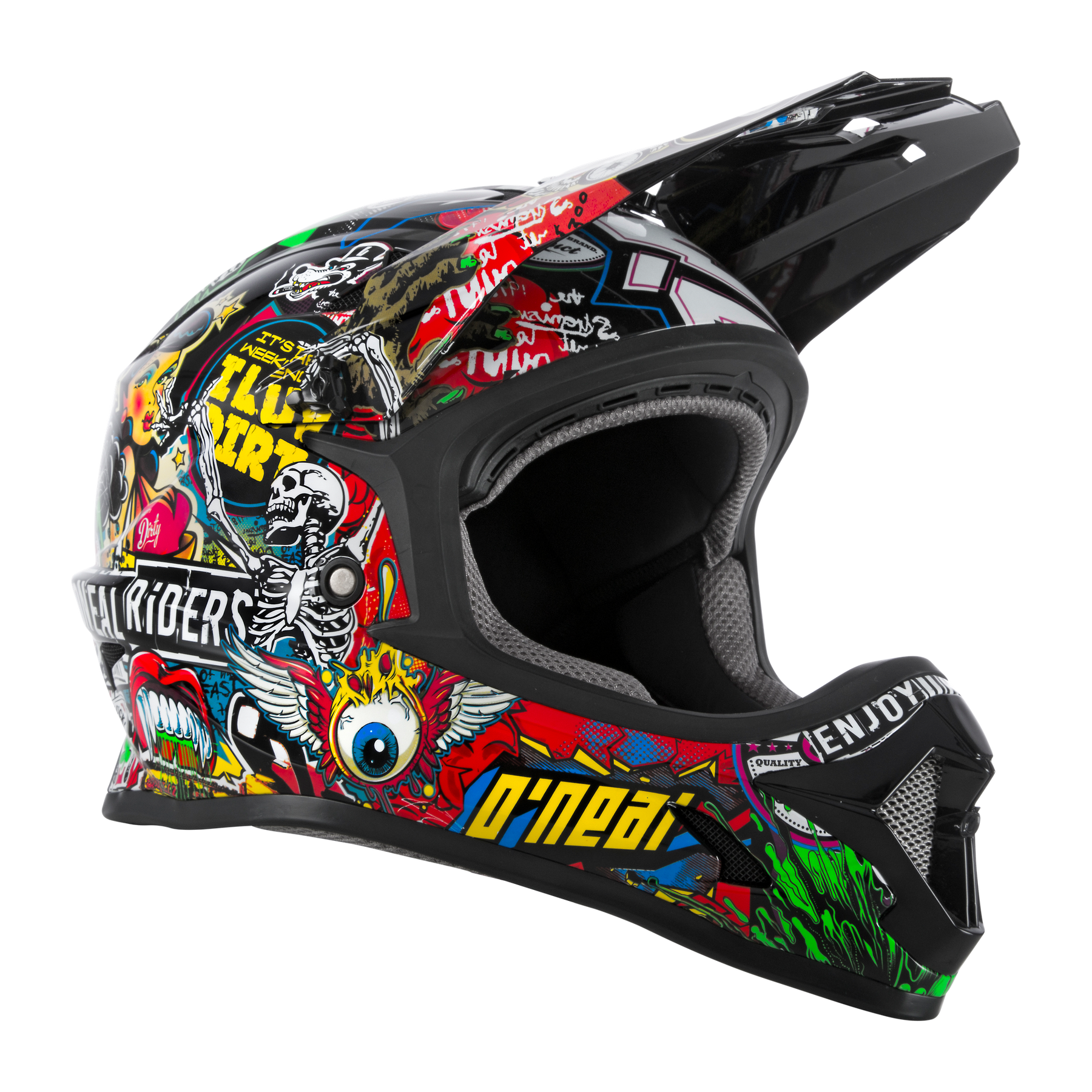 Der O'NEAL SONUS Helm Kinder CRANK ist ein schwarzer und farbenfroher MTB-Helm, der mit einer Reihe lebendiger Aufkleber und Designs verziert ist, darunter Skelette, Augäpfel und verschiedene Text- und Grafikelemente. Dieses hochwertige Produkt von O'NEAL verfügt über ein Visier und eine dicke Polsterung auf der Innenseite für optimalen Schutz.