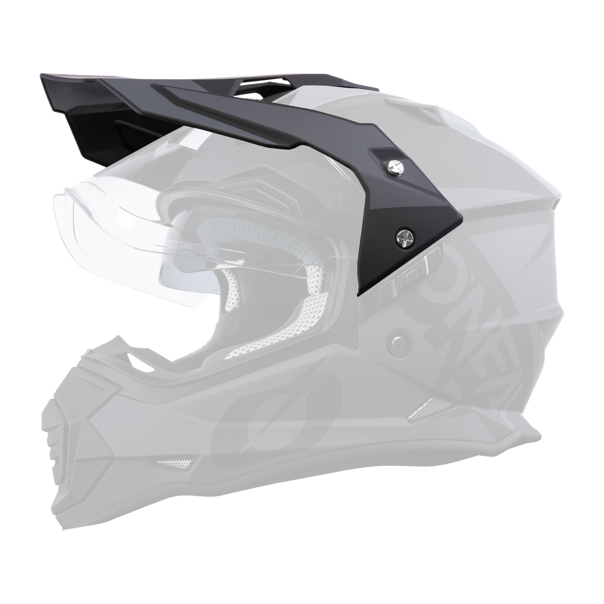 Der O'NEAL Visor SIERRA Helmet R ist ein mattschwarzer Motocross-Helm mit Visier, Kinnschutz, eckigen Belüftungsöffnungen, klarem Gesichtsschild und dem O'NEAL-Logo an der Seite.