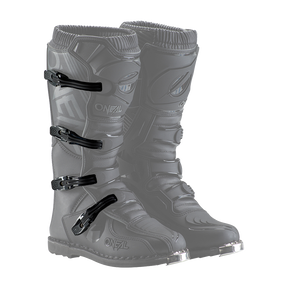 Ein Paar O'NEAL TRIBUTE Jugendstiefel mit mehreren Schnallenverschlüssen und verstärktem Zehenschutz. Die für Offroad- und Motocross-Aktivitäten konzipierten Stiefel zeichnen sich durch eine robuste Konstruktion aus und zeigen stolz den Markennamen O'NEAL.