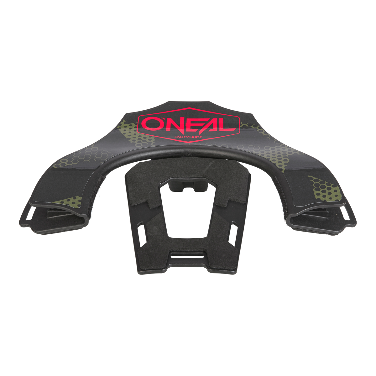 Der O'NEAL Back Part TRON Neckbrace ist ein schwarzer Motocross-Nackenschutz mit grün gemusterten Akzenten und einem auffälligen roten O'NEAL-Logo auf der Oberseite, der für den schützenden Einsatz im Gelände entwickelt wurde.