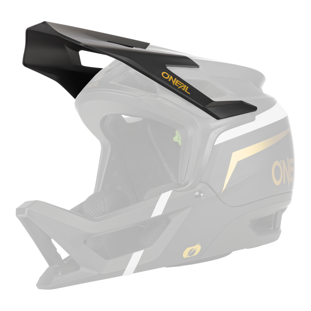 Der O'NEAL Visor TRANSITION Helmet FLASH ist ein schwarzer Integralhelm für Mountainbikes mit goldenen und weißen Akzenten. Er verfügt über ein Visier und einen robusten Kinnschutz, der den Schutz beim Downhill- oder Enduro-Biking verbessert. Die Innenseite ist für zusätzlichen Komfort gepolstert.