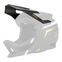 Der O'NEAL Visor TRANSITION Helmet FLASH ist ein mattschwarzer Fullface-Mountainbike-Helm mit goldenen und weißen Akzenten, einem großen Visier, Belüftungsöffnungen und dem O'NEAL-Logo an der Seite.