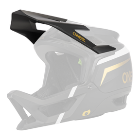 Der O'NEAL Visor TRANSITION Helmet FLASH ist ein mattschwarzer Fullface-Mountainbike-Helm mit goldenen und weißen Akzenten, einem großen Visier, Belüftungsöffnungen und dem O'NEAL-Logo an der Seite.
