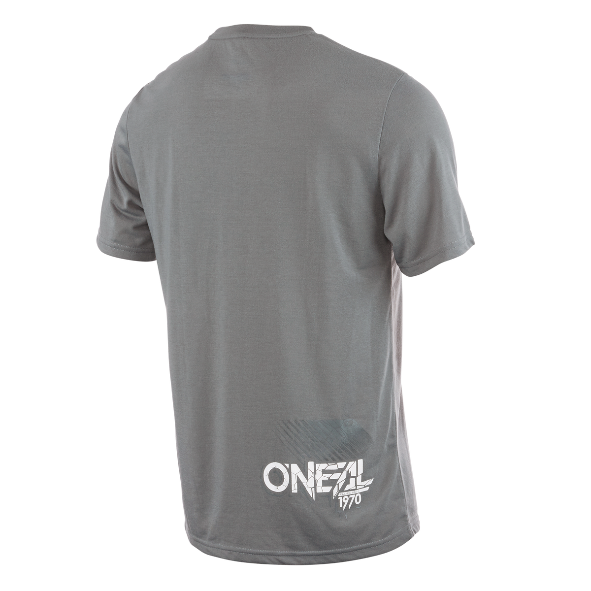 Rückansicht des O'NEAL VAULT Jersey in Grau mit kurzen Ärmeln. Das Jersey trägt den Text „O'NEAL 1970“ in weißem Aufdruck in der Nähe des unteren Saums auf der rechten Seite. Dieses atmungsaktive Shirt wurde speziell für das Mountainbiken entwickelt und sorgt für Komfort und Haltbarkeit bei jeder Fahrt.