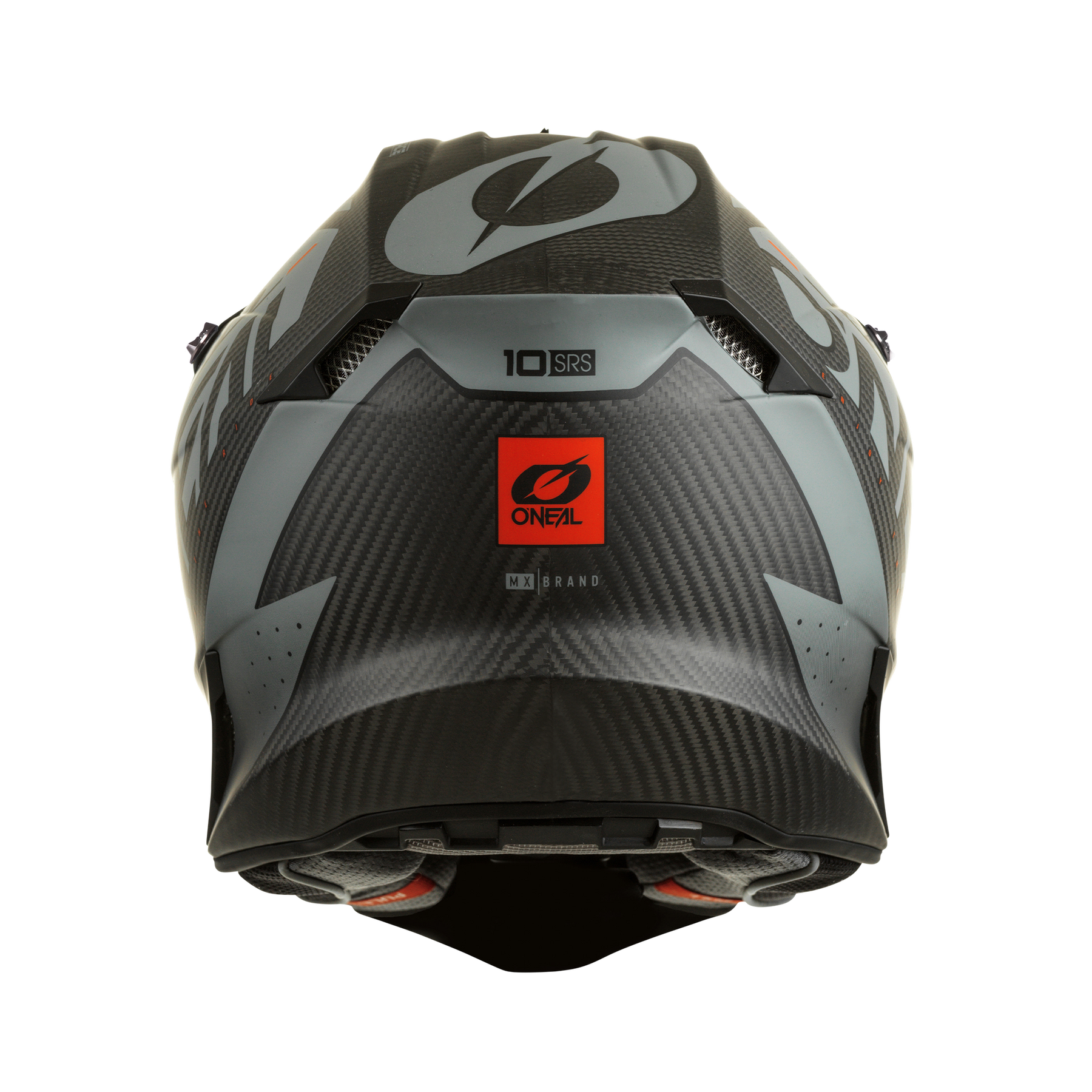 Das Bild zeigt die Rückansicht eines O'NEAL 10SRS Carbon Helm PRODIGY Motorradhelms in Schwarz und Grau. Dieser leichte Helm verfügt über aerodynamische Designelemente, ein rotes O'NEAL-Logo in der Mitte und Kohlefaser-Außenschalen.
