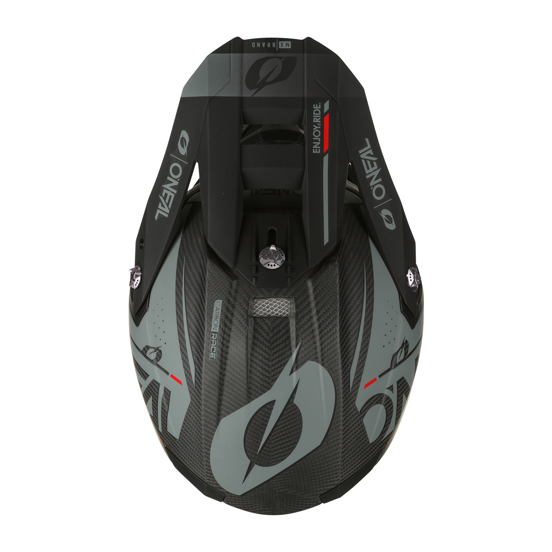 Draufsicht des grau-schwarzen Offroad-Motorradhelms O'NEAL 10SRS Carbon Helm PRODIGY mit elegantem aerodynamischem Design. Dieser leichte Helm mit verschiedenen Logos, darunter „O'NEAL“, an den Seiten verfügt über ein zentrales Belüftungssystem. Die Außenseite aus Kohlefaser ist mit stilisierten Grafiken verziert.