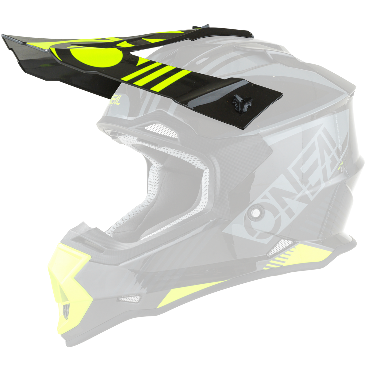 Seitenansicht des O'NEAL Visor 2SRS Youth Helm RUSH in Schwarz und Neongelb mit Fullface-Design. Der Helm verfügt über ein markantes Visier, einen Kinnschutz und Belüftungsbereiche. Der Markenname „O'NEAL“ ist in fetten Buchstaben auf der Seite zu sehen.