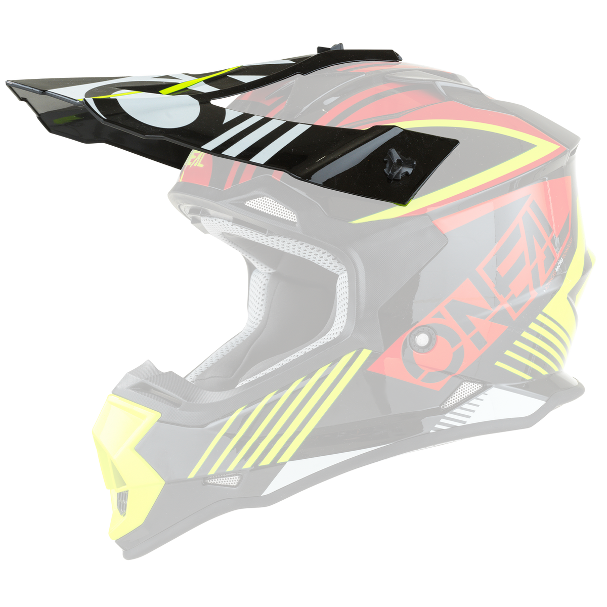 Ein O'NEAL Visor 2SRS Jugendhelm RUSH mit Integraldesign mit grafischen Designs und eckigen Mustern in Rot und Gelb auf schwarzem Hintergrund und dem Markennamen „O'NEAL“, der prominent in fetten roten Buchstaben auf der Seite angebracht ist.