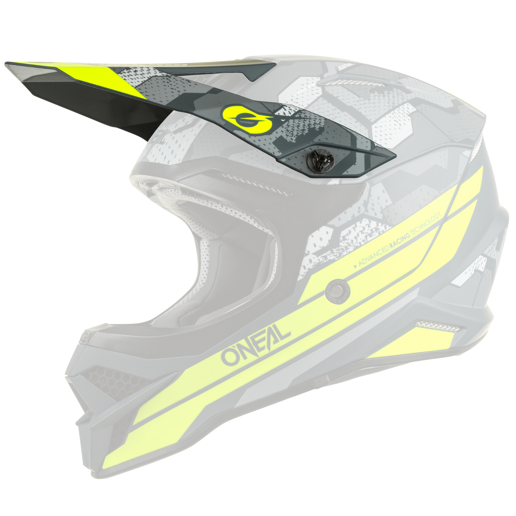 Der O'NEAL Visor 3SRS Helm CAMO zeichnet sich durch ein graues und schwarzes, kantiges Camo-Design mit leuchtend gelben Akzenten, das O'NEAL-Logo, ein großes Visier und Vollgesichtsschutz in einem modernen, aggressiven Stil aus.