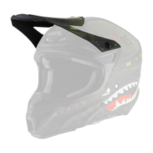 Der O'NEAL Visor 5SRS Polyacrylite Helm WARHAWK ist in Schwarz und Grün gehalten und hat ein markantes Haifischgesicht im Kinnbereich. Dieser Helm verfügt über ein Visier, mehrere Belüftungsöffnungen und eine bequeme Innenpolsterung. Der Markenname „O'NEAL“ ist sowohl auf der Oberseite als auch auf der Seite des Helms deutlich zu sehen.