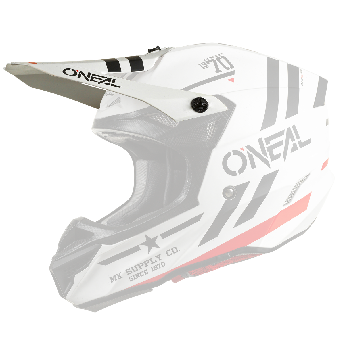 Bild eines O'NEAL Visor 5SRS Polyacrylite Helms SQUADRON in Weiß mit schwarzen und roten Grafiken. Der Helm hat ein Visier und die Wörter „O'NEAL“ und „MX Supply Co.“ sind auf der Seite aufgedruckt. Das Design wird durch eckige schwarze Streifen und die Nummer „70“ in Schwarz hervorgehoben.