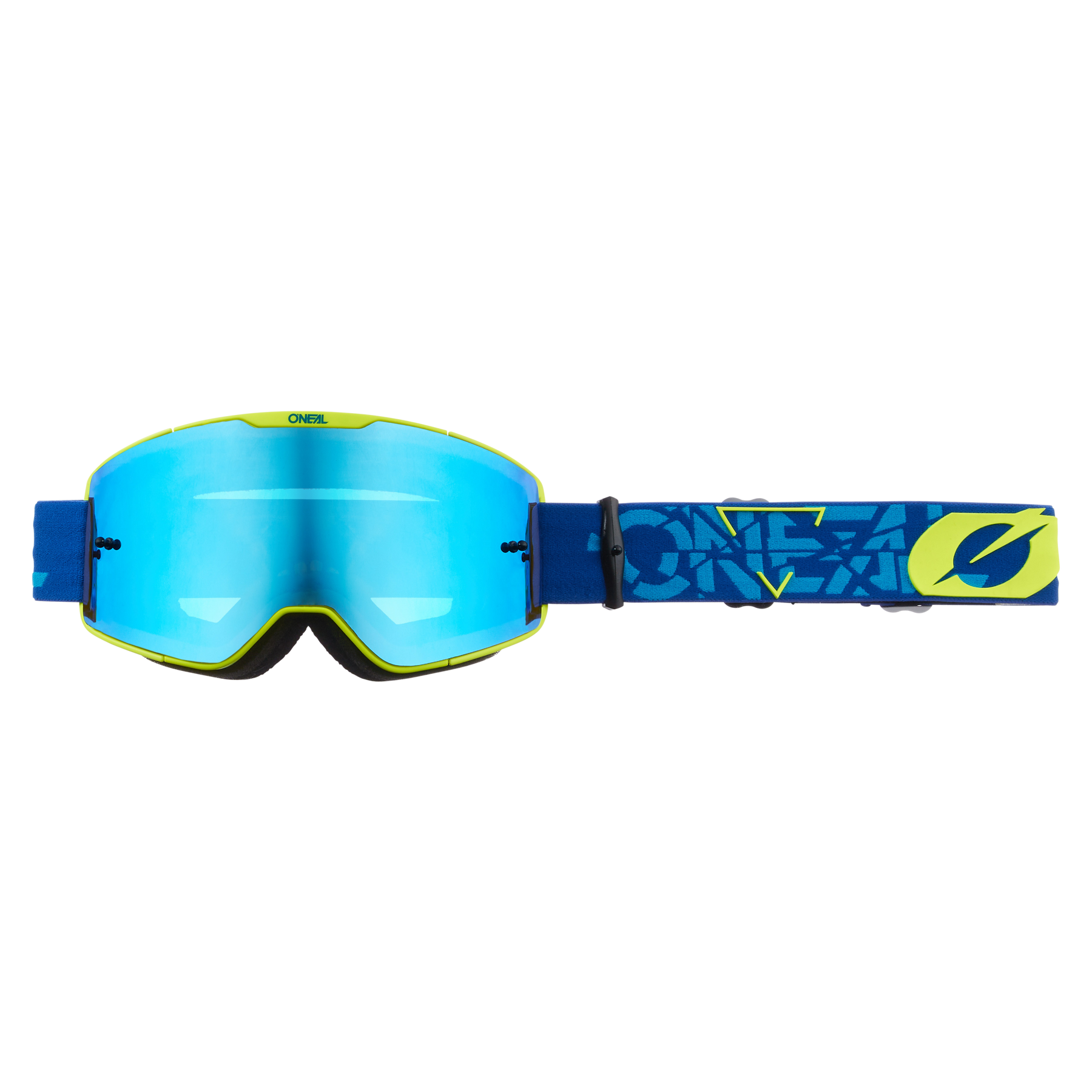 Die O'NEAL B-20 Brille STRAIN verfügt über eine blau getönte, reflektierende Scheibe, gelbe Akzente und ein blaues Band mit stilisiertem Design und ONEAL-Logo für optimale Motocross-Sicht und ein weites Sichtfeld.