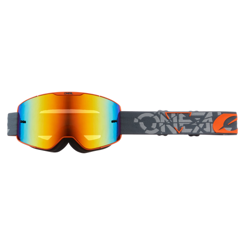 Vorderansicht der O'NEAL B-20 Brille STRAIN mit orangefarbenen, reflektierenden Gläsern, schwarzem Gurtband mit grauen und orangefarbenen Grafiken und auffälligem 