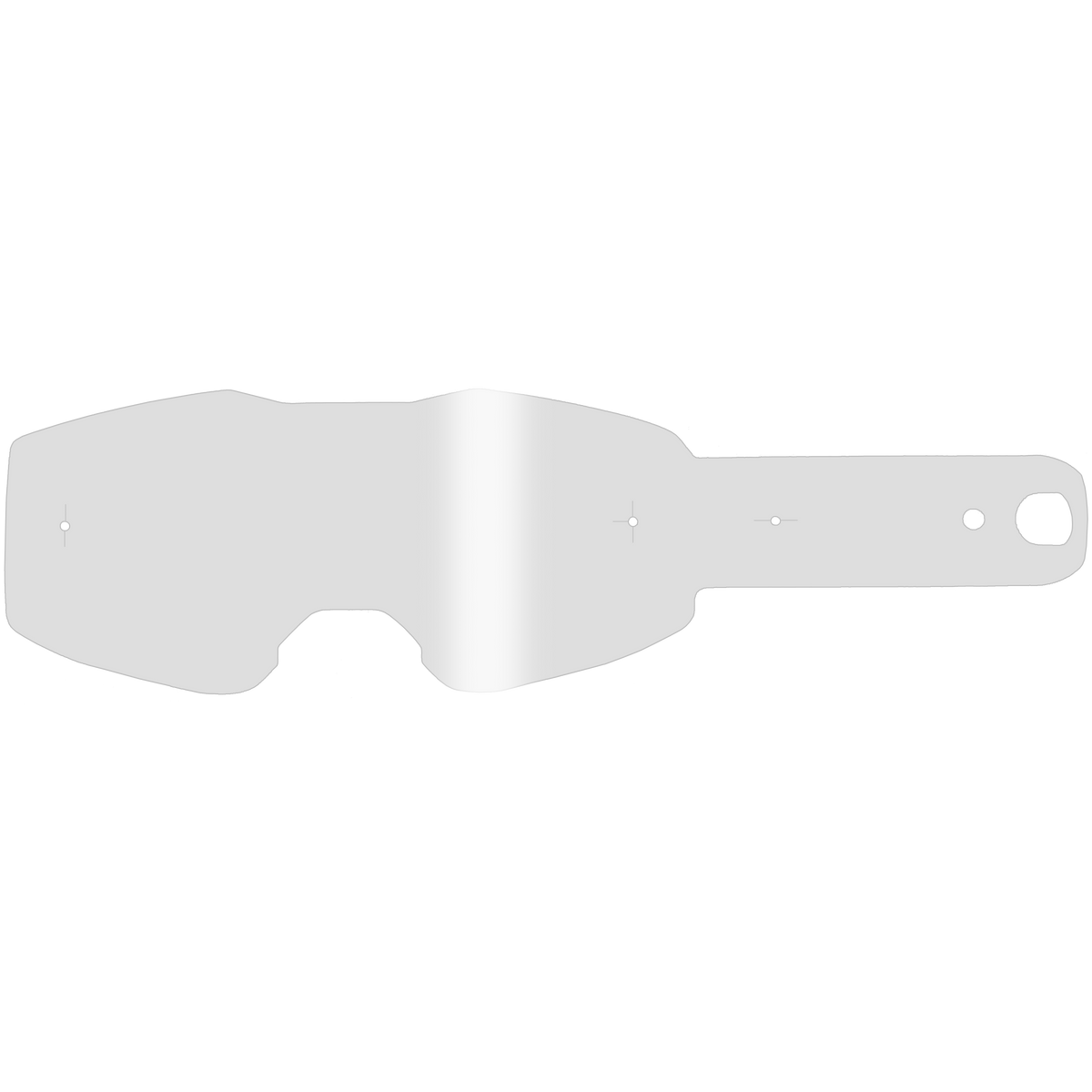 Das O'NEAL B-30 ROLL OFF Goggle TEAR OFF PACK verfügt über ein graues, längliches Design mit einem breiteren Abschnitt auf der linken Seite, der unten eine Kerbe und zwei kleine Löcher aufweist. Nach rechts erstreckt sich ein schmalerer Streifen mit Löchern unterschiedlicher Größe in der Nähe seines Endes, was ihm eine flache, abstrakte, werkzeugähnliche Form verleiht.
