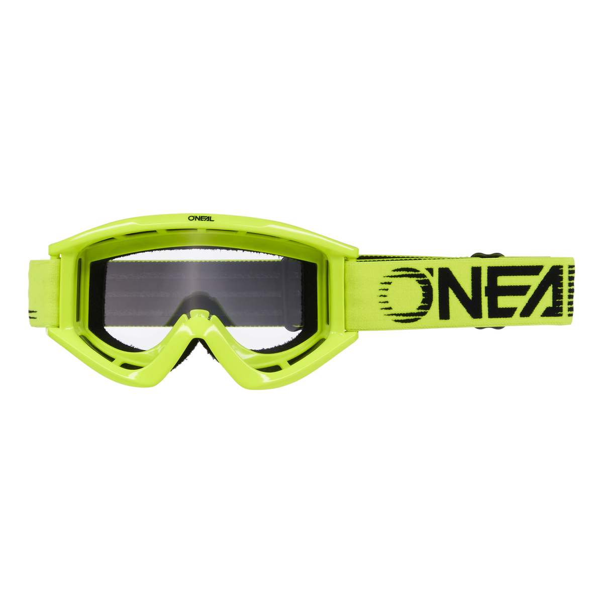 Die O'NEAL B-ZERO Brille in Neongelb - Klar verfügt über einen verstellbaren Riemen mit dem schwarzen ONEAL-Logo - ideal für Motocross oder Mountainbiking, bietet vielseitigen Schutz und Stil.