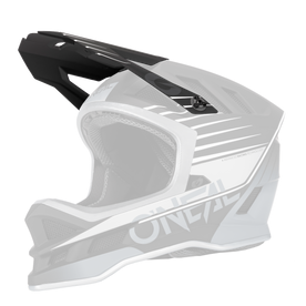Der O'NEAL Visor BLADE Polyacrylite Helmet DELTA ist ein schwarzer, grauer und weißer Integralhelm mit kantigen Belüftungsöffnungen, einem robusten Kinnschutz und einem auffälligen O'NEAL-Branding an der Seite.