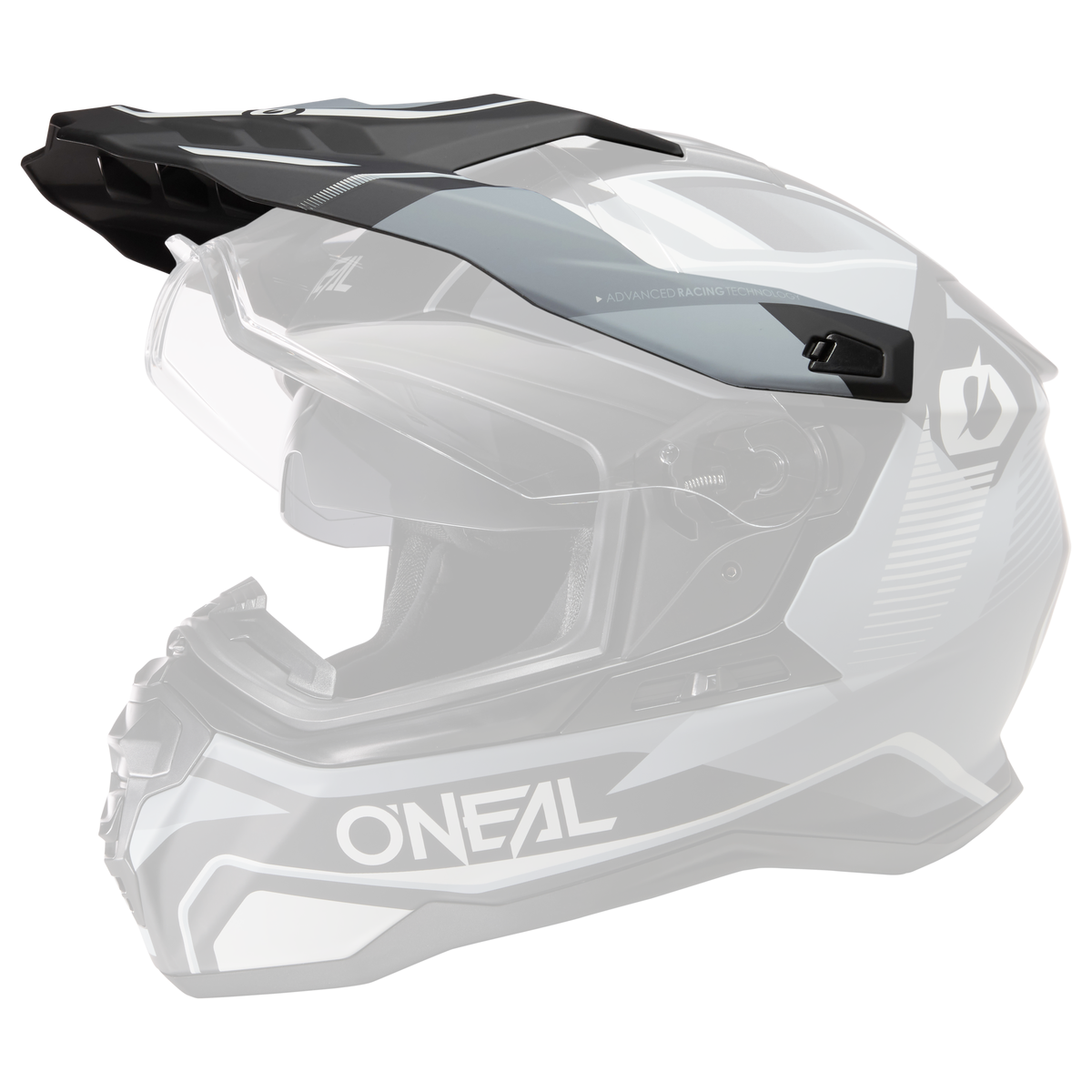 Ein O'NEAL Visor D-SRS Helm SQUARE in Schwarz und Grau, mit dem Markennamen „O'Neal“ prominent auf der Seite. Der Helm verfügt über eckige Designs, ein gebogenes Visier und einen Kinnschutz und bietet robusten Schutz beim Fahren im Gelände.