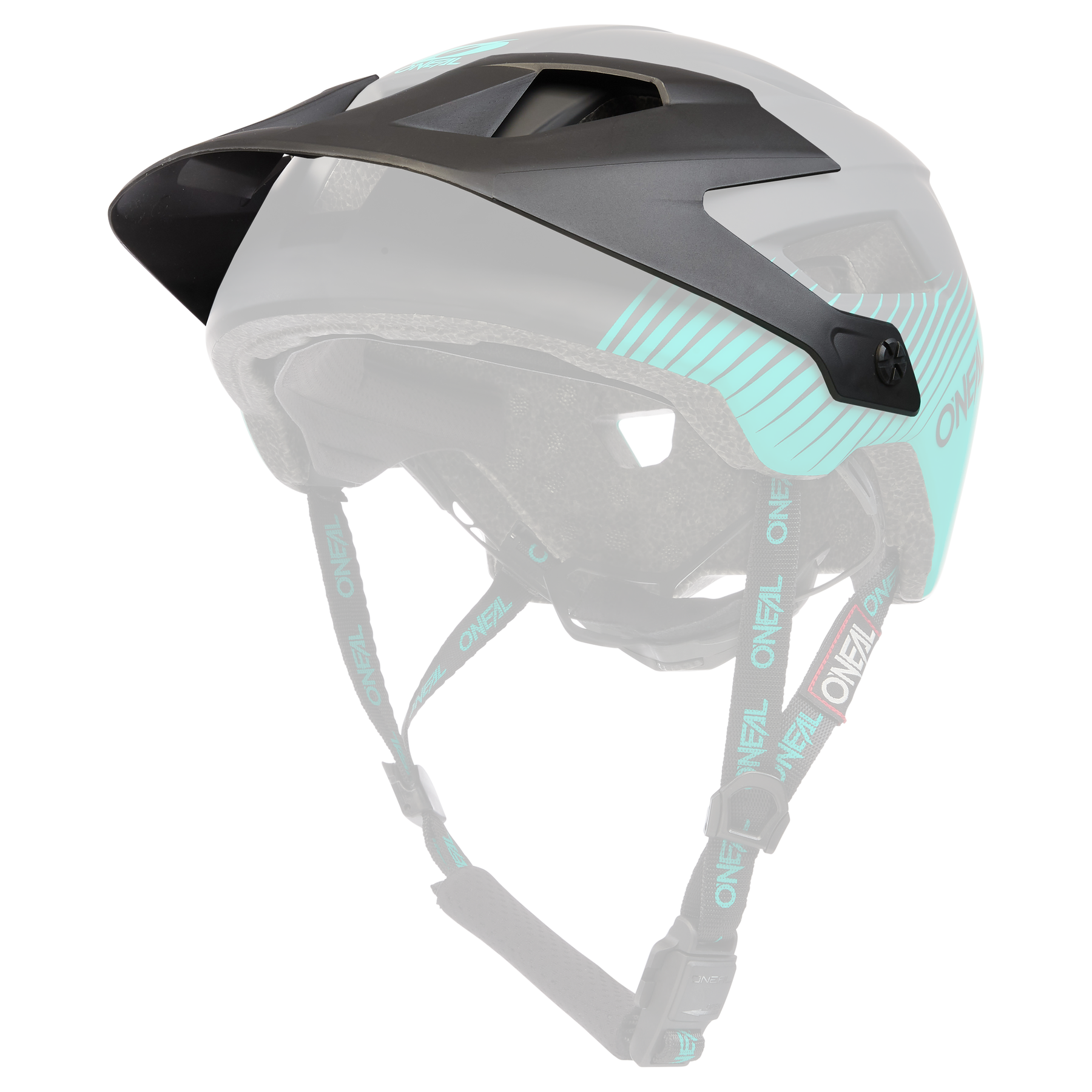Der O'NEAL Visor DEFENDER Helmet GRILL ist ein schwarz-grüner Mountainbike-Helm mit Visier, verstellbaren Kinnriemen und dem O'NEAL-Logo an der Seite und den Riemen.