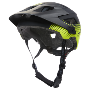Der O'NEAL DEFENDER Helm GRILL in Schwarz/Neongelb verfügt über Belüftungsschlitze und verstellbare Riemen. Entwickelt für Enduro- und All-Mountain-Fahrten, kombiniert er schlanke, moderne Ästhetik mit höchster Sicherheit und Stil.