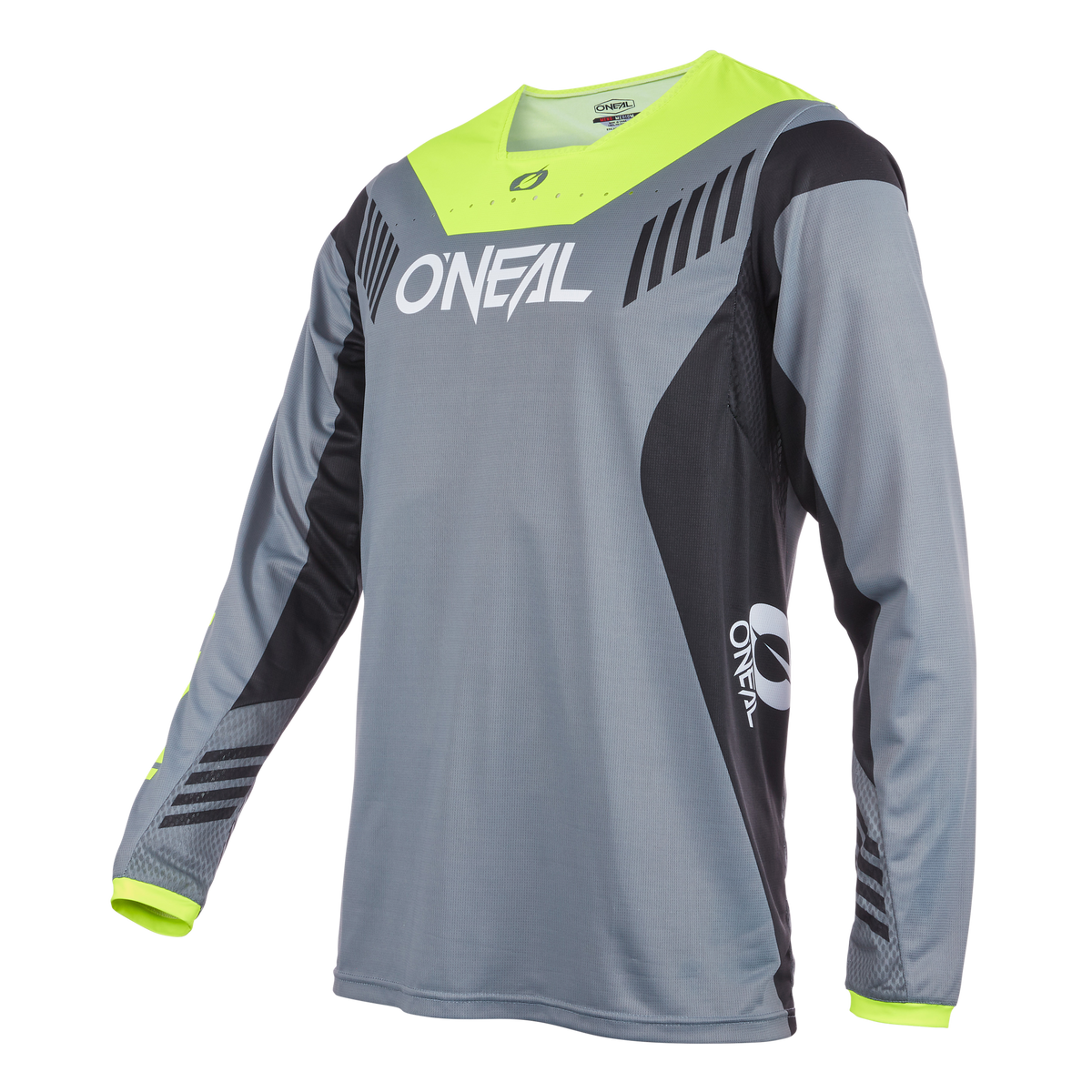 Das O'NEAL ELEMENT FR Jersey Kinder HYBRID ist ein grau-schwarzes Langarm-MTB-Trikot mit neongelben Details und dem prominent auf der Brust und dem rechten Ärmel angebrachten „O'NEAL“-Logo. Es besticht durch ein modernes, sportliches Design mit Belüftungsakzenten für Atmungsaktivität und ist damit perfekt für dein nächstes Abenteuer. Der Hintergrund ist schwarz.