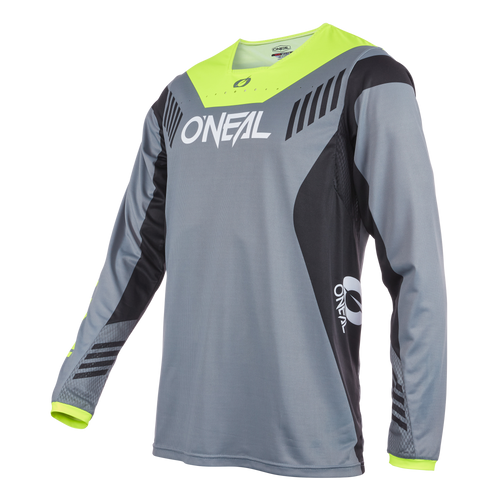 Das O'NEAL ELEMENT FR Jersey Kinder HYBRID ist ein grau-schwarzes Langarm-MTB-Trikot mit neongelben Details und dem prominent auf der Brust und dem rechten Ärmel angebrachten „O'NEAL“-Logo. Es besticht durch ein modernes, sportliches Design mit Belüftungsakzenten für Atmungsaktivität und ist damit perfekt für dein nächstes Abenteuer. Der Hintergrund ist schwarz.