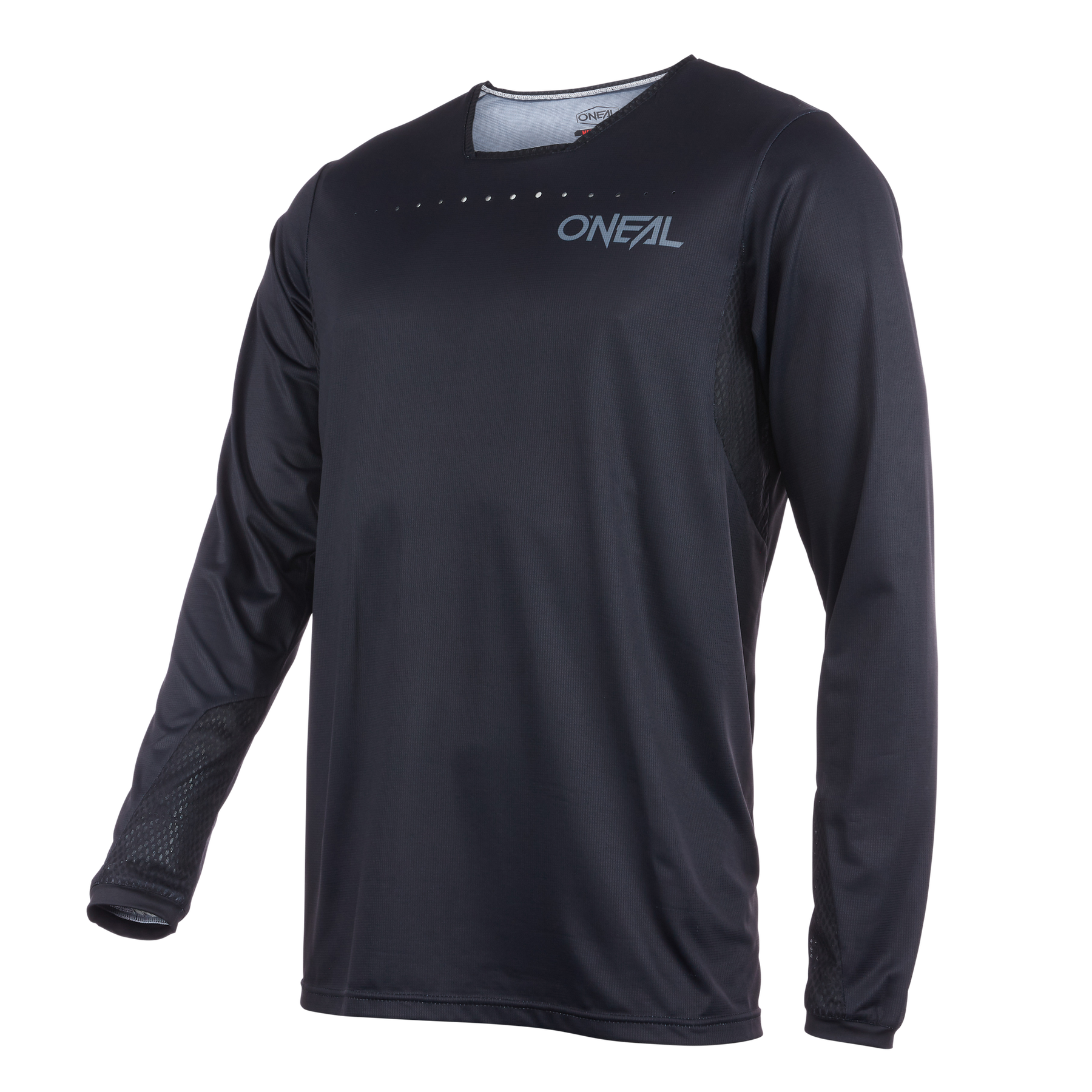 Das O'NEAL ELEMENT FR Jersey PLAIN ist ein schwarzes Langarm-MTB-Trikot mit dem Markennamen „O'NEAL“ in Weiß auf der oberen linken Brust. Das Design ist minimalistisch, mit atmungsaktivem Mesh-Material unter den Armen und kleinen Perforationen in Kragennähe für optimale Belüftung – perfekt für Enduro- oder Downhill-Fahrten.