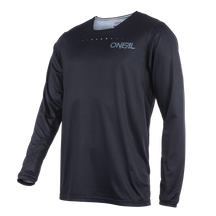 Das O'NEAL ELEMENT FR Jersey PLAIN ist ein schwarzes Langarm-MTB-Trikot mit dem Markennamen „O'NEAL“ in Weiß auf der oberen linken Brust. Das Design ist minimalistisch, mit atmungsaktivem Mesh-Material unter den Armen und kleinen Perforationen in Kragennähe für optimale Belüftung – perfekt für Enduro- oder Downhill-Fahrten.